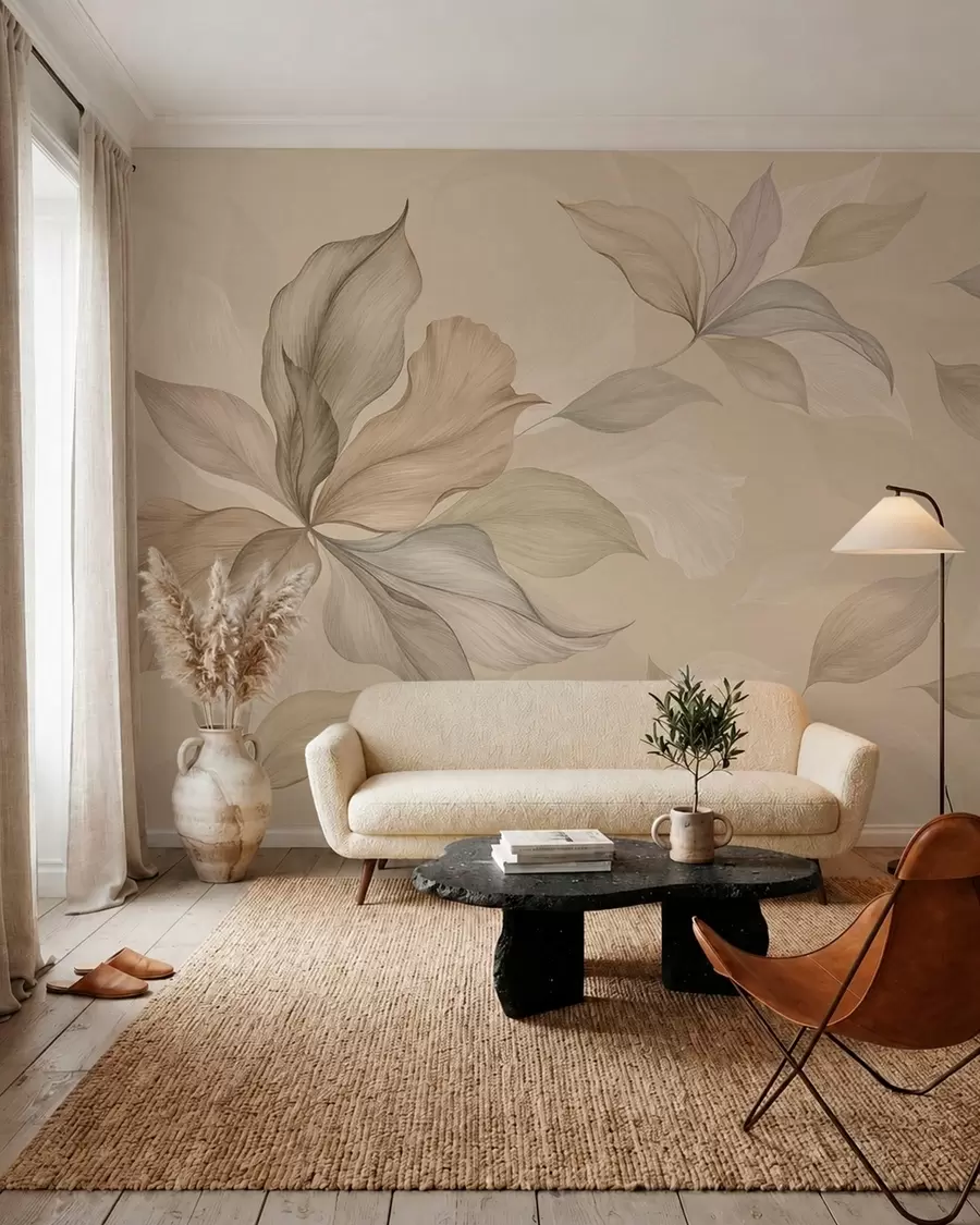 murales de pared Hojas decorativas grandes sobre un fondo cálido w05733