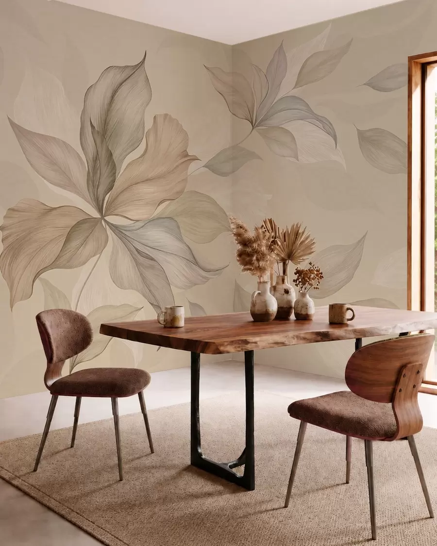 murales de pared Hojas decorativas grandes sobre un fondo cálido w05733