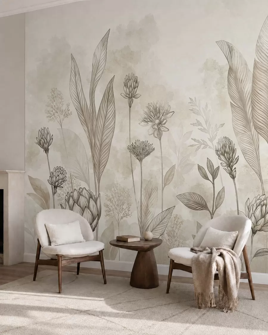 murales de pared Composición botánica con flores y hojas w05802