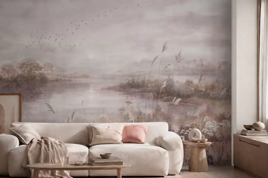 murales de pared Lago tranquilo en suaves tonos lila w05813v2