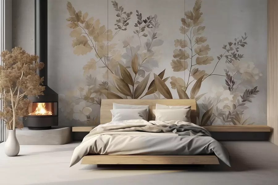 murales de pared Arte botánico con textura, diversas plantas y hojas en tonos marrones y beige w09979
