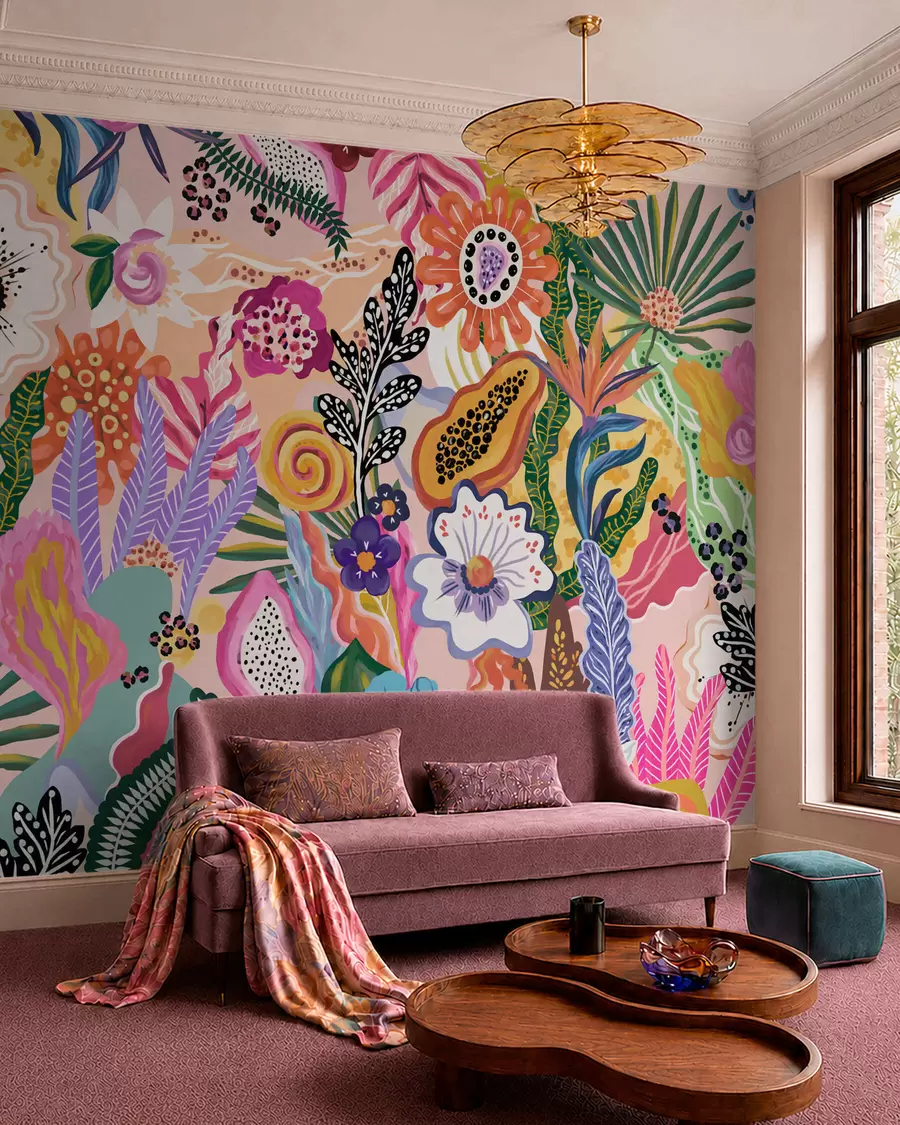 murales de pared Motivo tropical muy llamativo con flores, hojas y frutas de colores vivos w05815