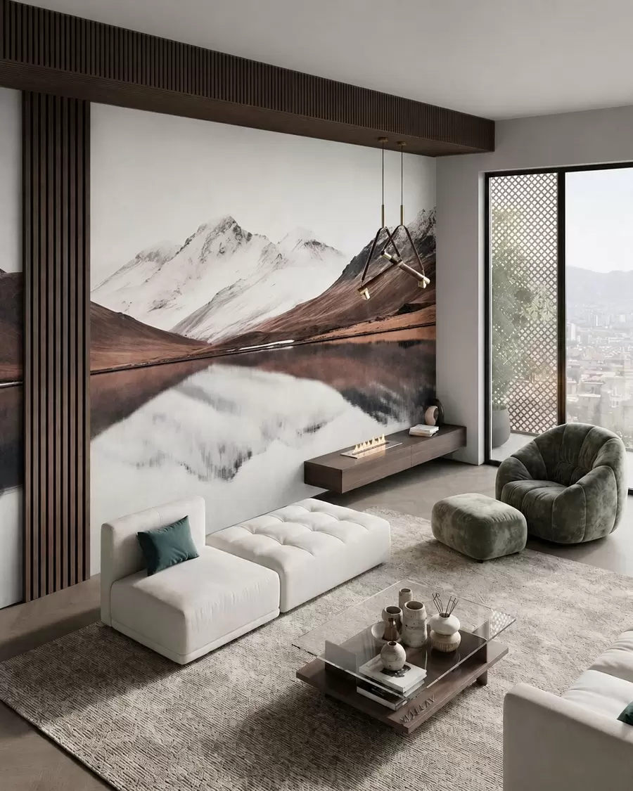 murales de pared Cumbres nevadas y un lago tranquilo con un reflejo como un espejo w05816