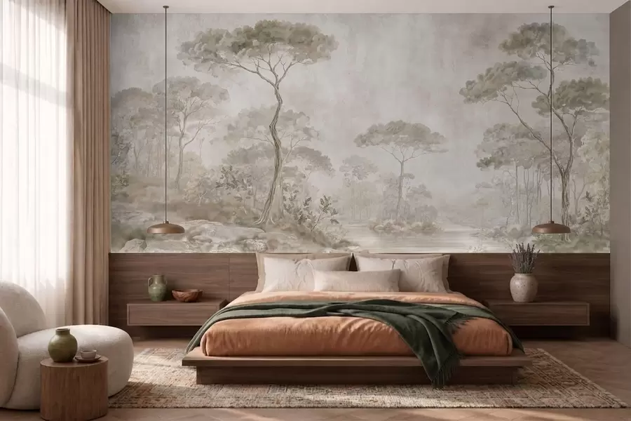 murales de pared Un bosque brumoso junto a unas aguas tranquilas, en suaves tonos pastel naturales w05817