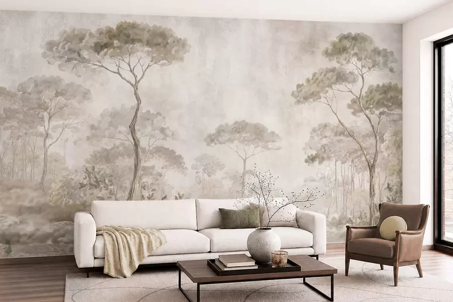 murales de pared Un bosque brumoso junto a unas aguas tranquilas, en suaves tonos pastel naturales w05817