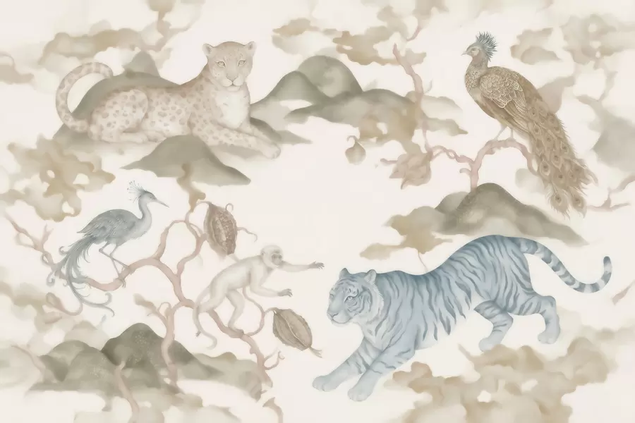murales de pared Jardín imperial con animales de estilo oriental: mono, leopardo, tigre, pavo real y garza w10011