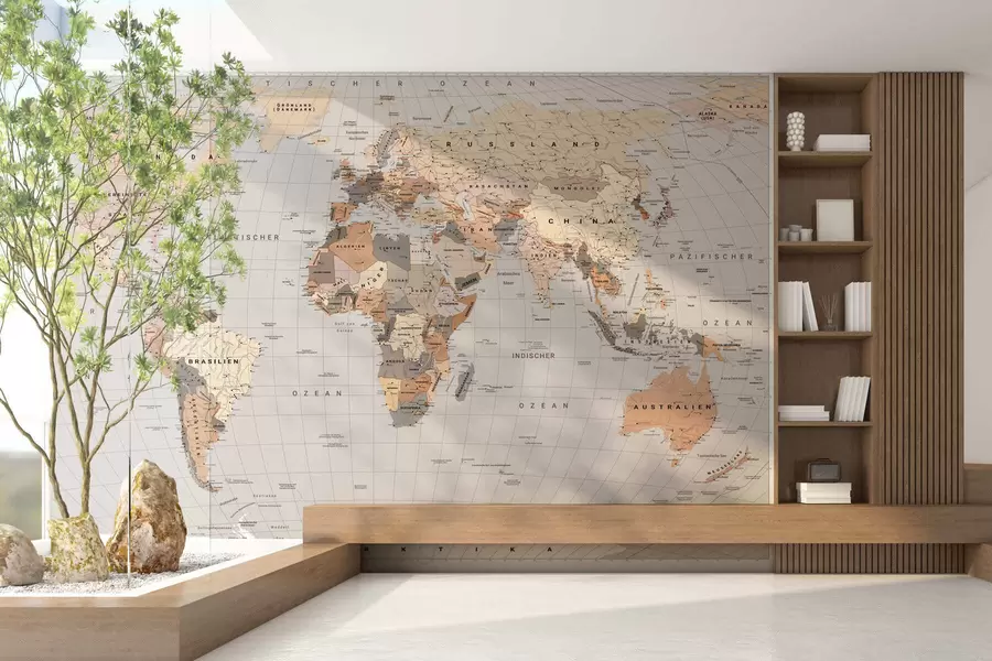 murales de pared Un mapa político del mundo en tonos beige con banderas en alemán c00016dev1