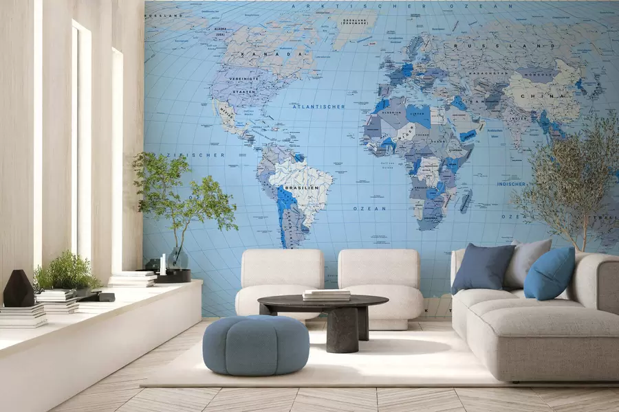 murales de pared Mapa político del mundo en azul con banderas, en alemán c00016dev2