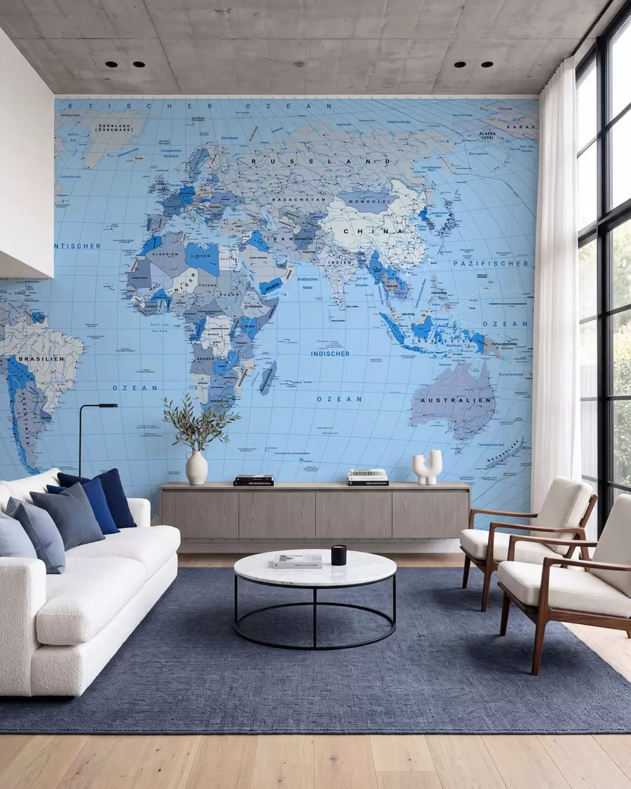 murales de pared Mapa político del mundo en azul con banderas, en alemán c00016dev2