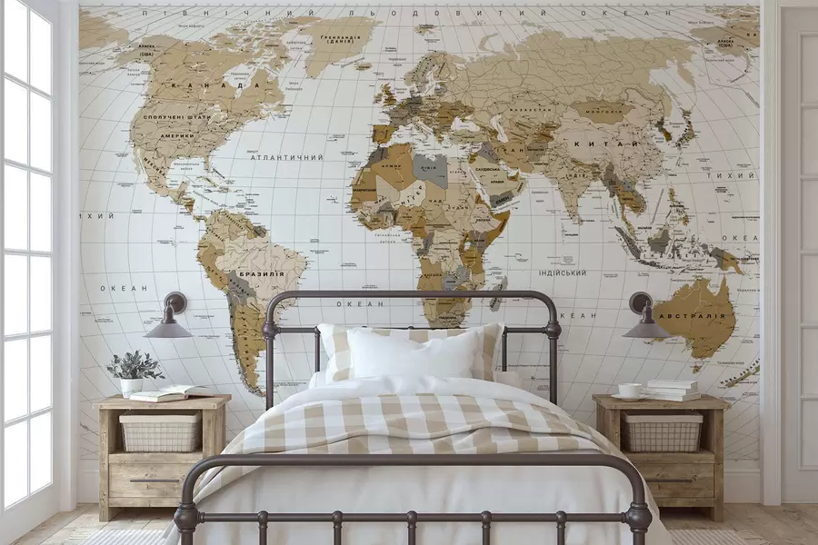 murales de pared Un mapa político del mundo en tonos marrones con banderas en ucraniano c00016uk
