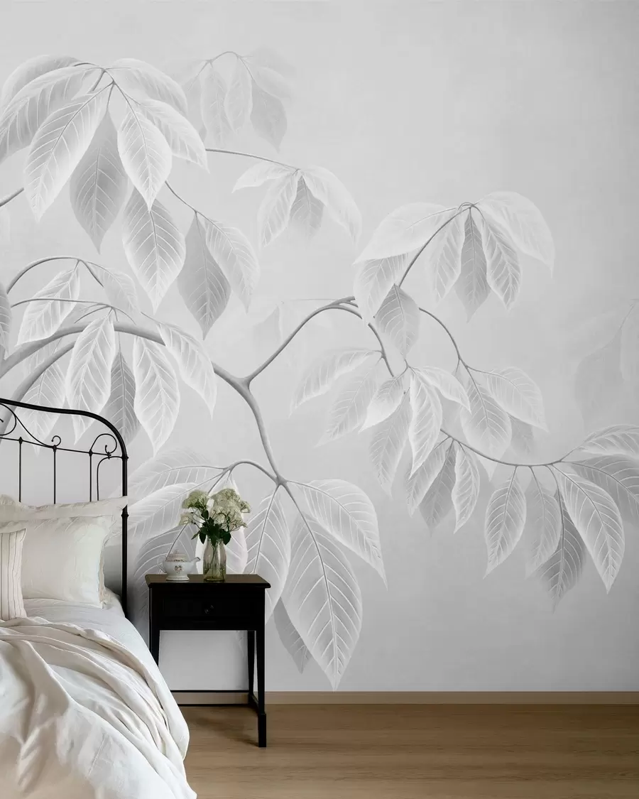 murales de pared Ramas claras con hojas grandes sobre un fondo suave w05806