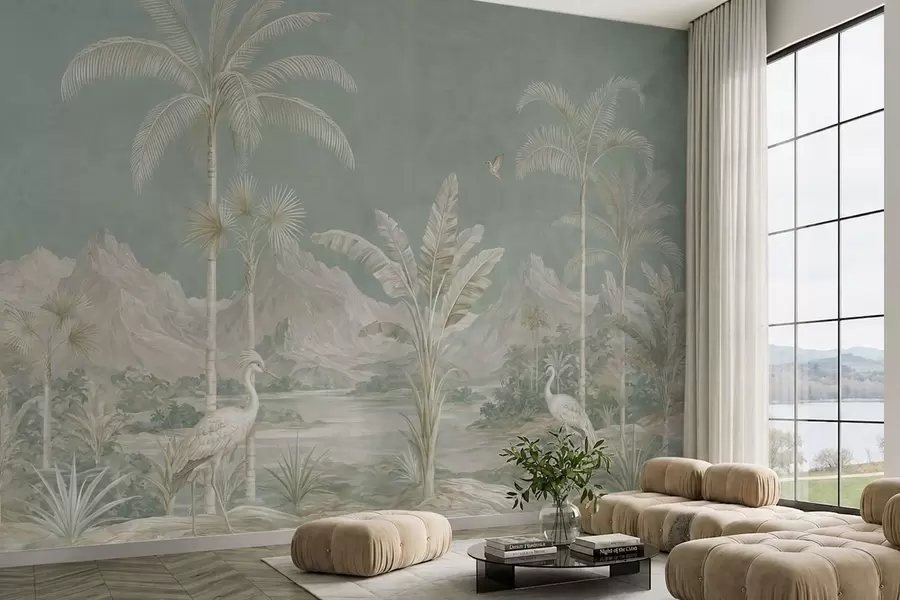 murales de pared Paisaje tropical en suaves tonos verdes w05819