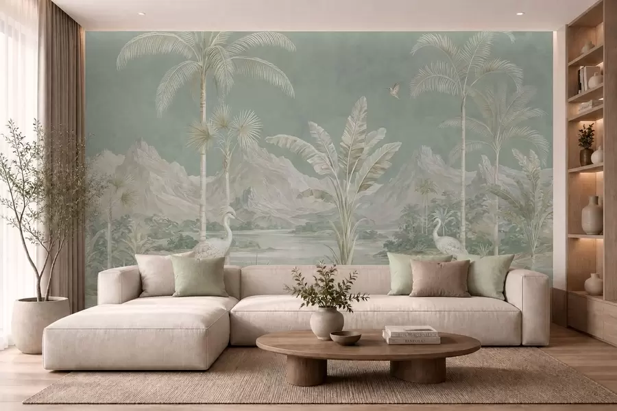 murales de pared Paisaje tropical en suaves tonos verdes w05819