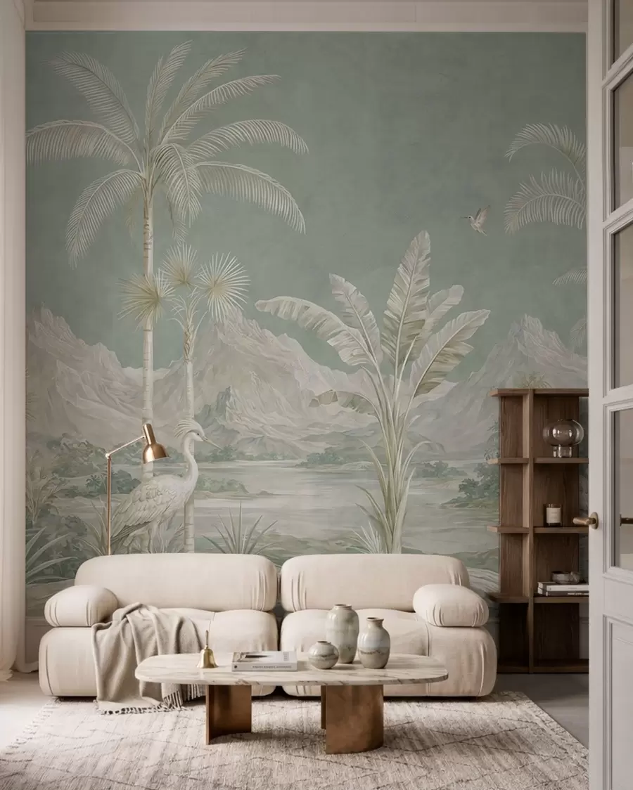 murales de pared Paisaje tropical en suaves tonos verdes w05819