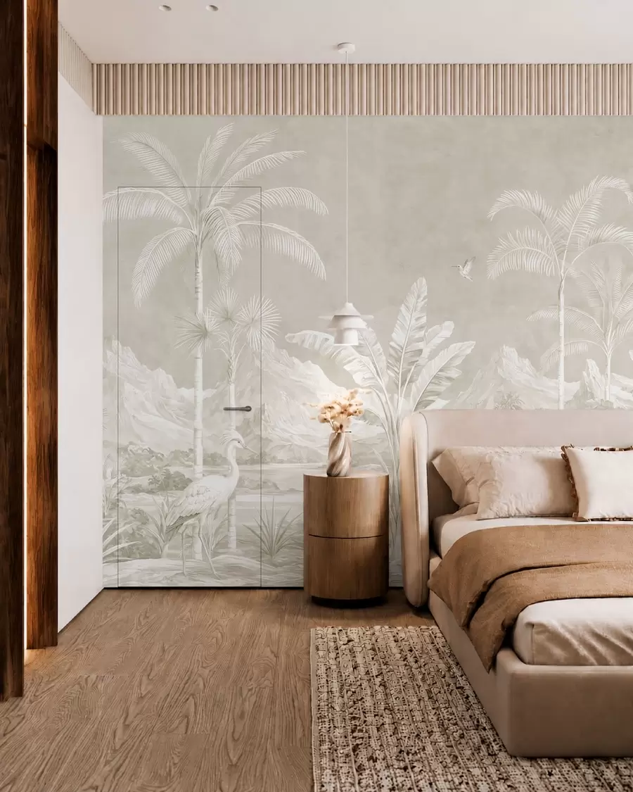 murales de pared Paisaje tropical luminoso con palmeras, pájaros y montañas w05819v1