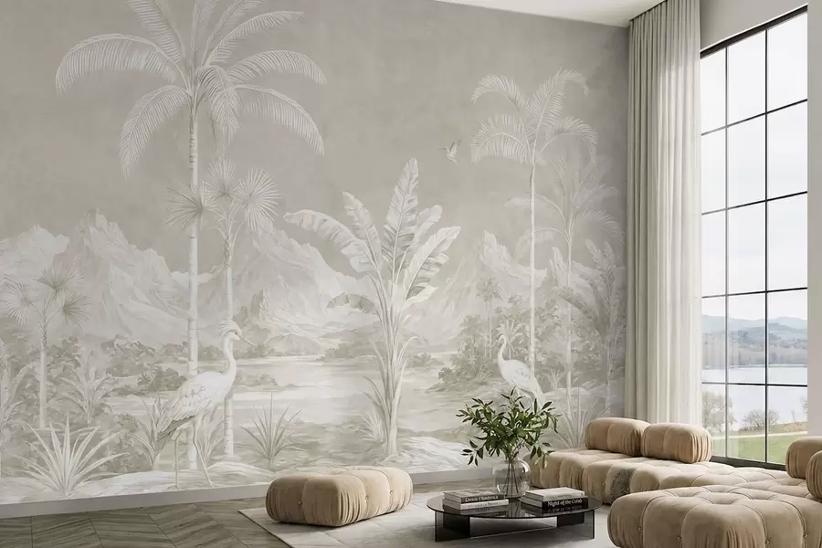 murales de pared Paisaje tropical luminoso con palmeras, pájaros y montañas w05819v1