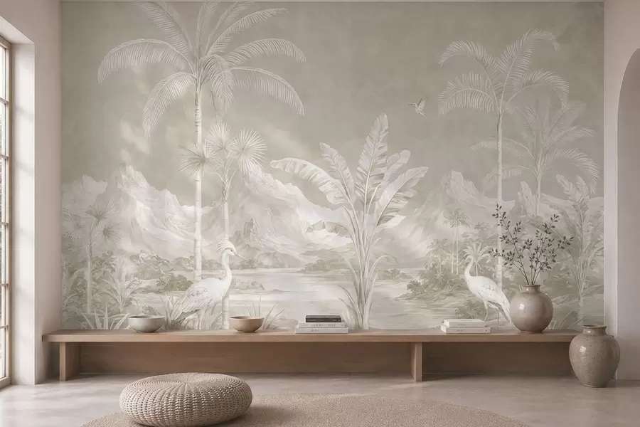 murales de pared Paisaje tropical luminoso con palmeras, pájaros y montañas w05819v1