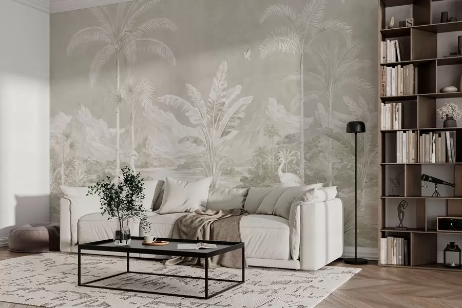 murales de pared Paisaje tropical luminoso con palmeras, pájaros y montañas w05819v1