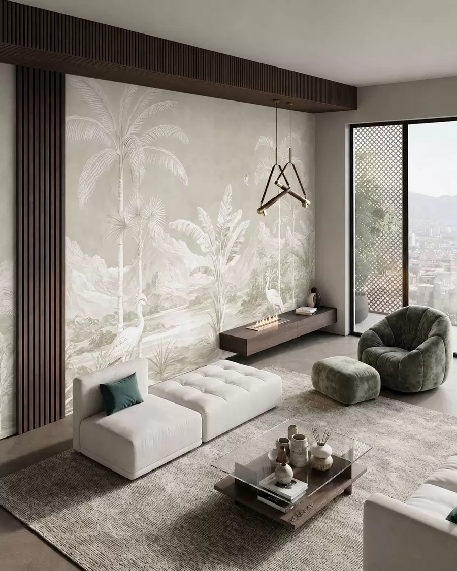 murales de pared Paisaje tropical luminoso con palmeras, pájaros y montañas w05819v1