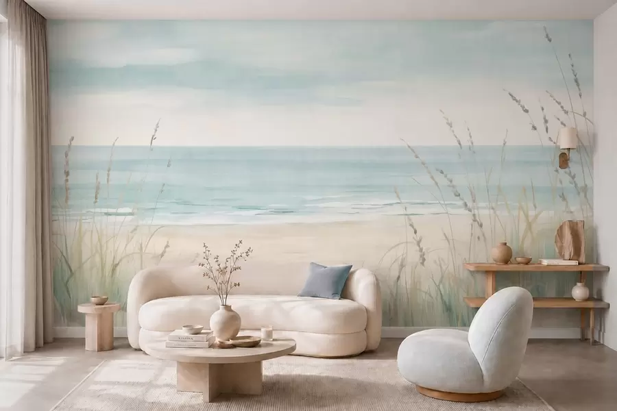 murales de pared Arena con conchas, una suave orilla y hierba en suaves tonos pastel w05821