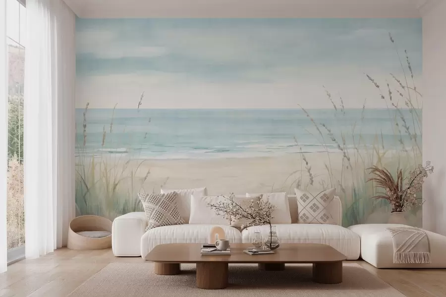 murales de pared Arena con conchas, una suave orilla y hierba en suaves tonos pastel w05821