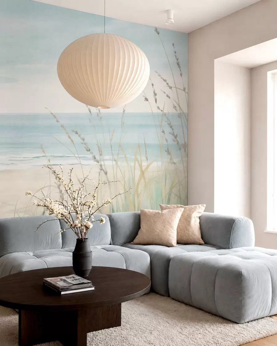 murales de pared Arena con conchas, una suave orilla y hierba en suaves tonos pastel w05821
