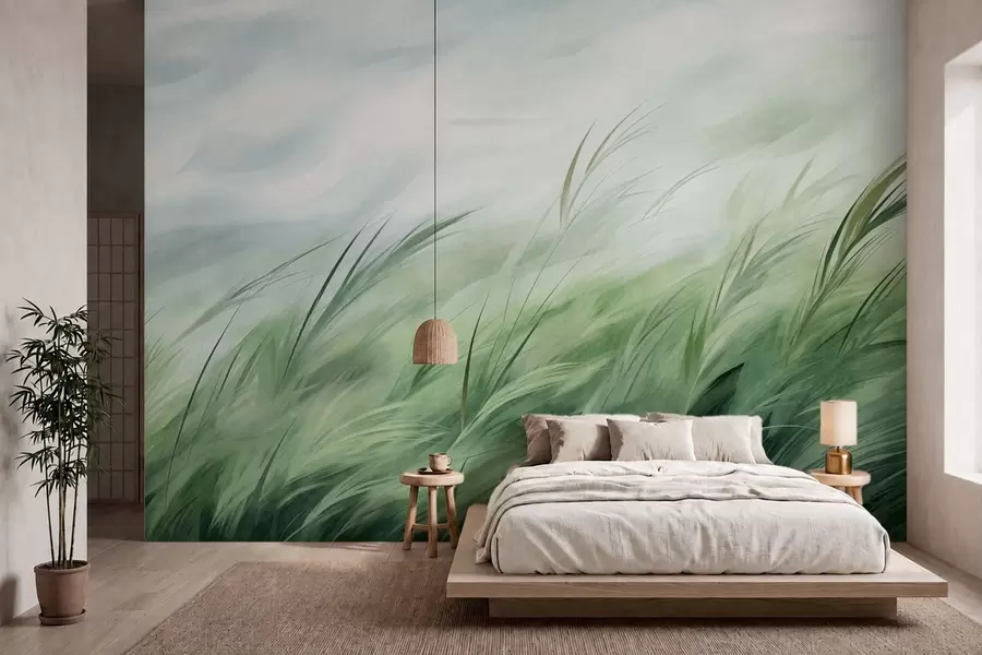 murales de pared Verde salvia con delicadas hierbas que se mecen suavemente con la brisa tranquila w05853
