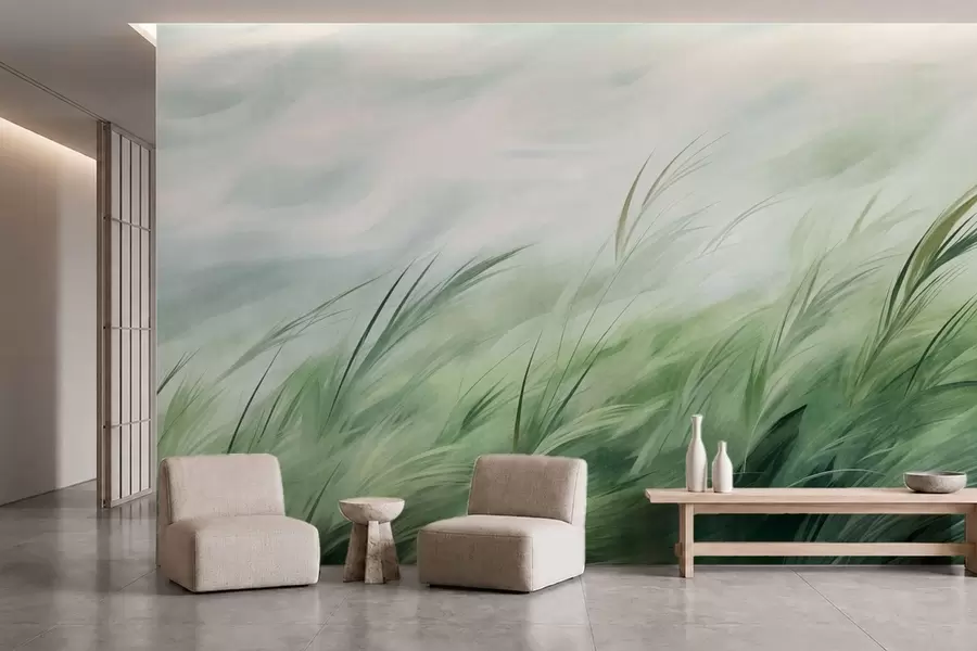 murales de pared Verde salvia con delicadas hierbas que se mecen suavemente con la brisa tranquila w05853