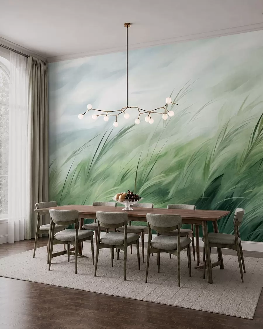 murales de pared Verde salvia con delicadas hierbas que se mecen suavemente con la brisa tranquila w05853