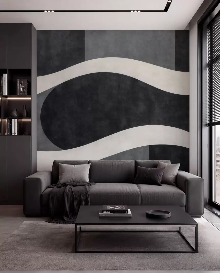 murales de pared Grafito con onduladas formas pálidas sobre un fondo de color gris carbón intenso w05854