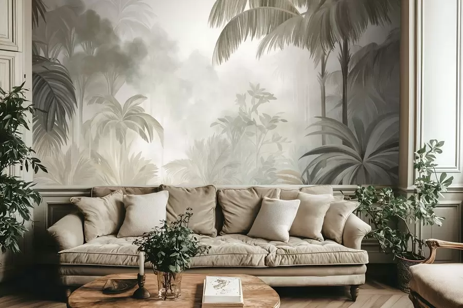 murales de pared Paisaje selvático con textura, con palmeras y una exuberante vegetación, en un estilo suave y pictórico w10016