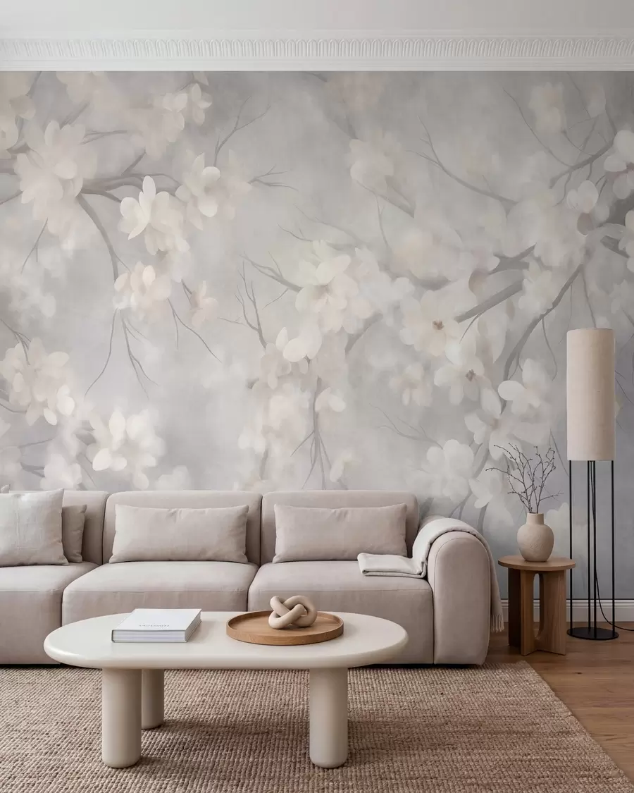 murales de pared Flores de cerezo blancas en ramas delgadas, difuminadas, sobre un fondo gris claro, obra de arte con textura w10012