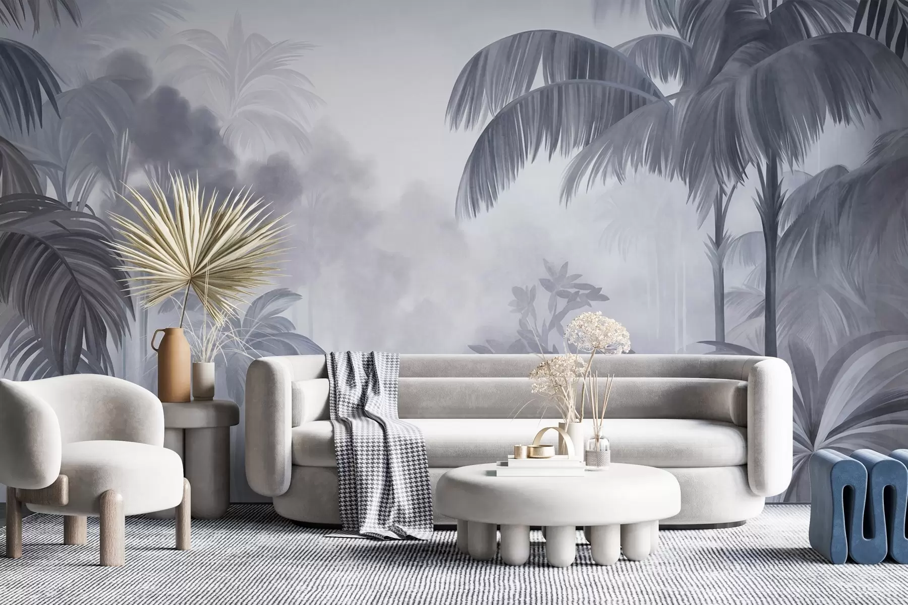 murales de pared Paisaje selvático con textura, con palmeras y una exuberante vegetación, en un estilo suave y pictórico w10016v1