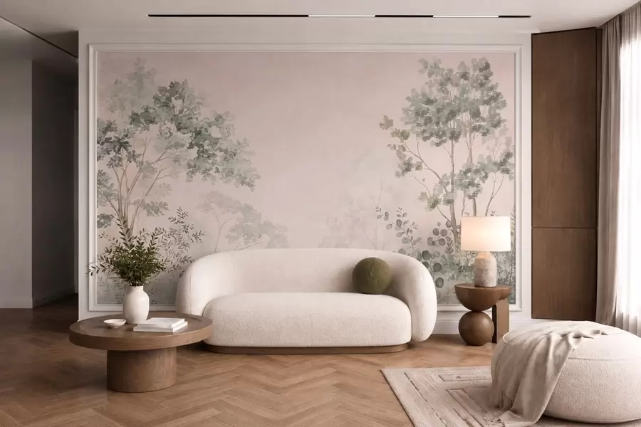 murales de pared Árboles y arbustos del bosque en tonos pastel difuminados w05856