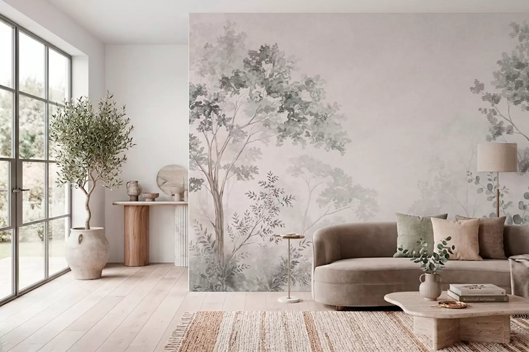 murales de pared Árboles del bosque y vegetación sobre un fondo con una ligera bruma w05856v1