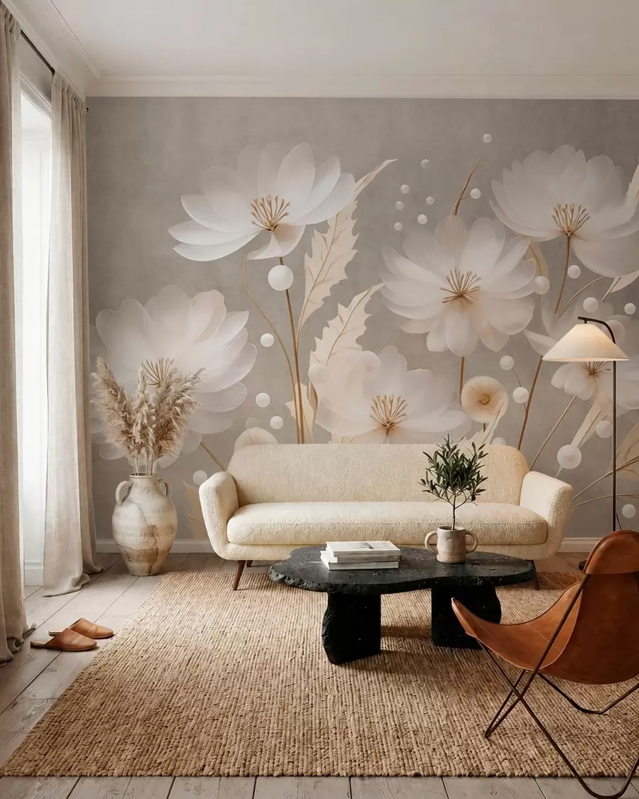 murales de pared Grandes flores blancas con hojas decorativas sobre un fondo gris w05857