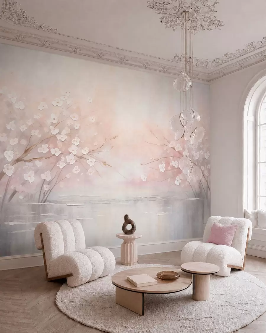 murales de pared Ramas en flor sobre aguas tranquilas en suaves tonos rosados w05858