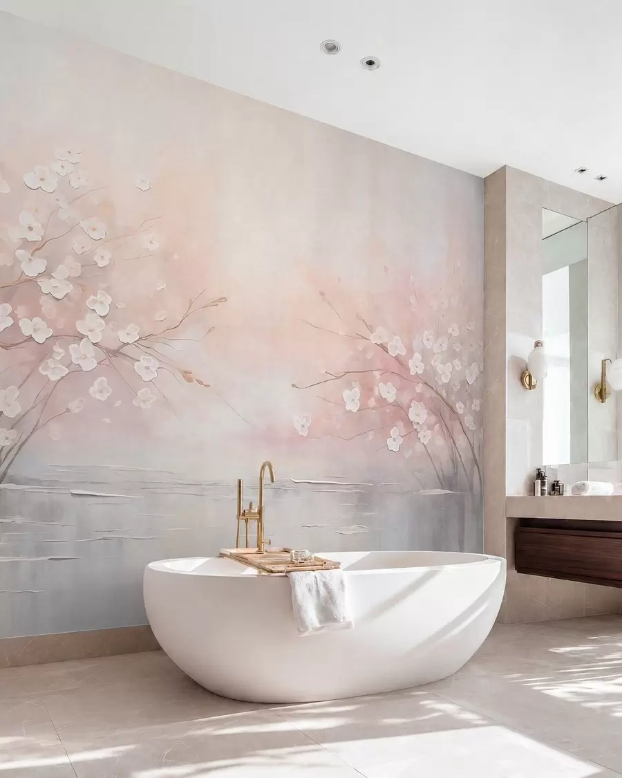 murales de pared Ramas en flor sobre aguas tranquilas en suaves tonos rosados w05858
