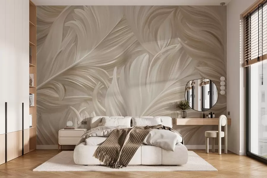 murales de pared Una pluma grande, pintada y curvada en cálidos tonos beige w05757
