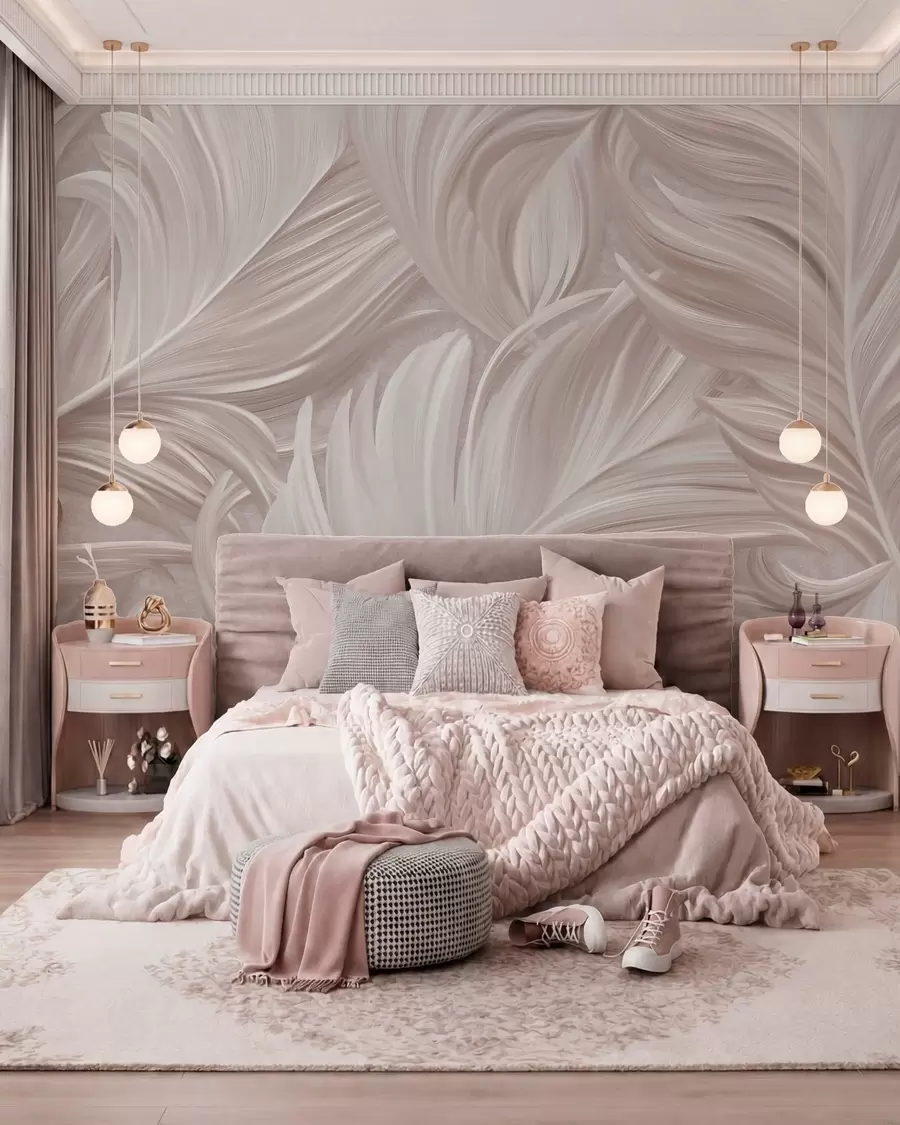murales de pared Una pluma grande, pintada y curvada en tonos rosa perla w05757v1