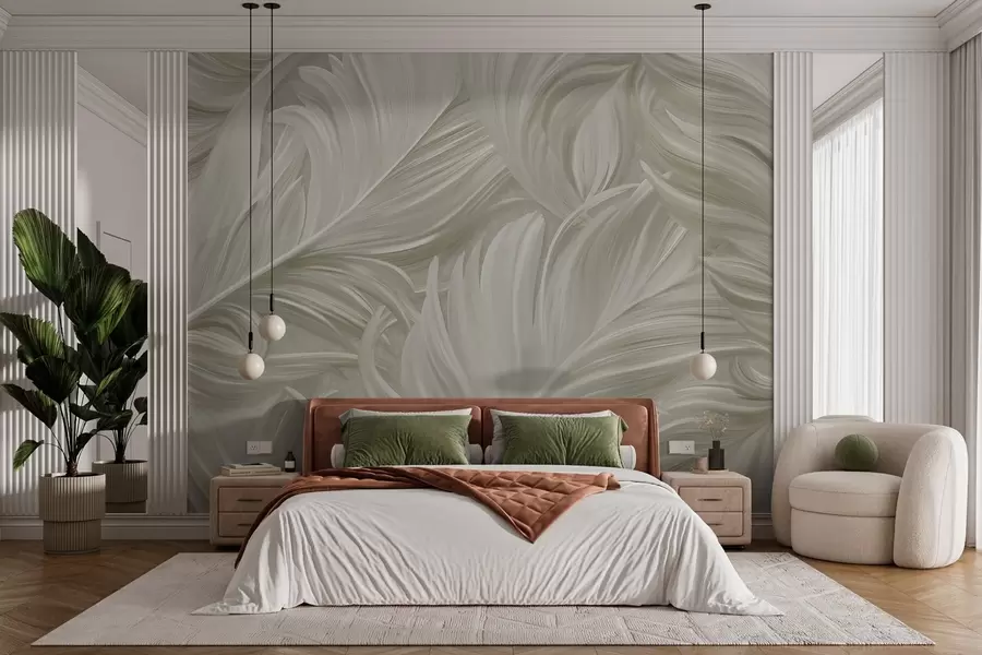 murales de pared Una pluma grande, pintada y curvada en tonos beige fríos w05757v2