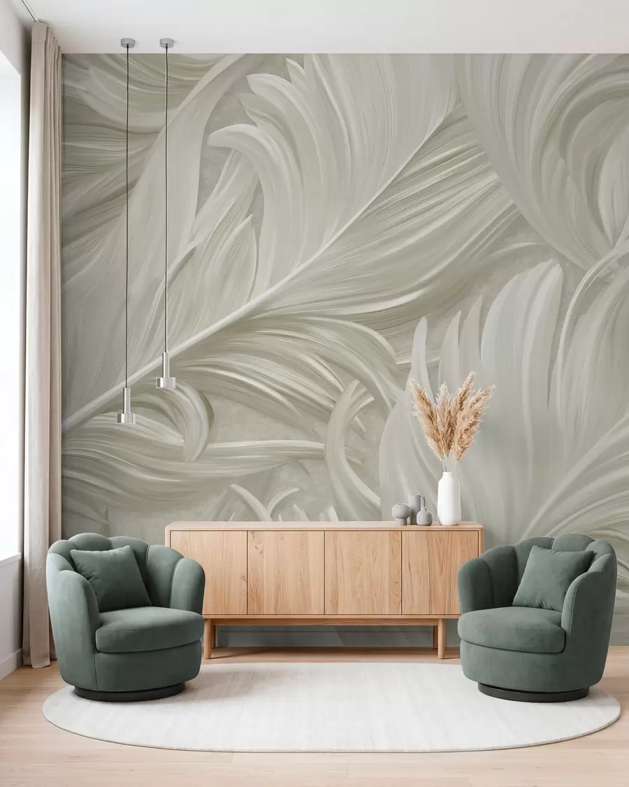 murales de pared Una pluma grande, pintada y curvada en tonos beige fríos w05757v2