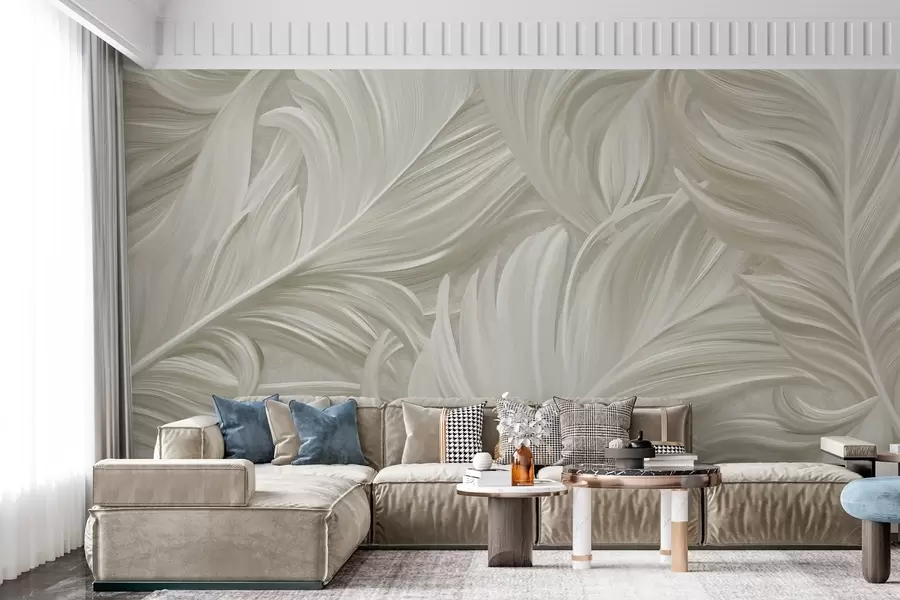 murales de pared Una pluma grande, pintada y curvada en tonos beige fríos w05757v2