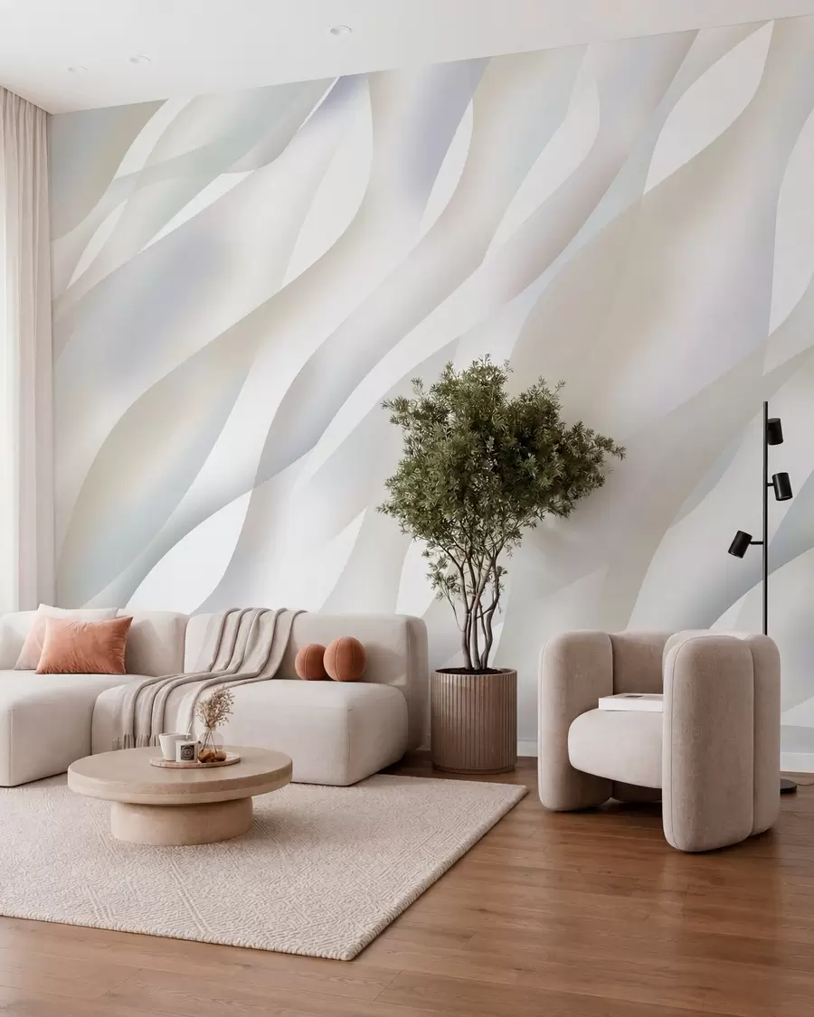 murales de pared Olas abstractas en tonos grises y beige sobre un fondo blanco w05758