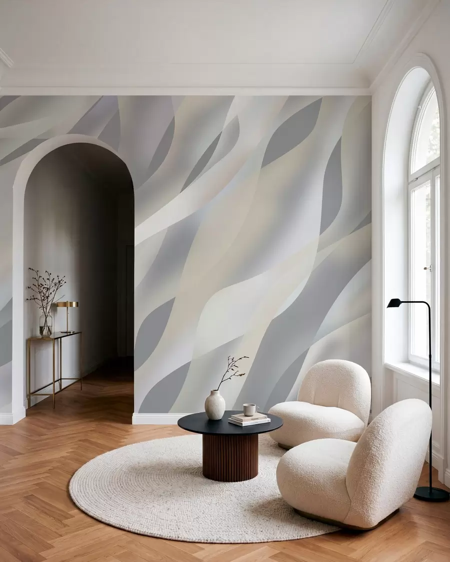 murales de pared Olas abstractas en tonos grises y beige sobre un fondo gris oscuro w05758v2