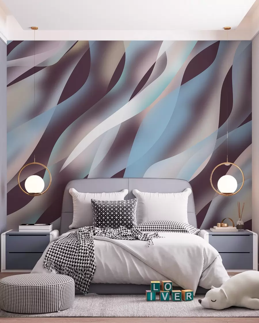murales de pared Olas abstractas en tonos azules, rosas y beige sobre un fondo morado oscuro w05758v3