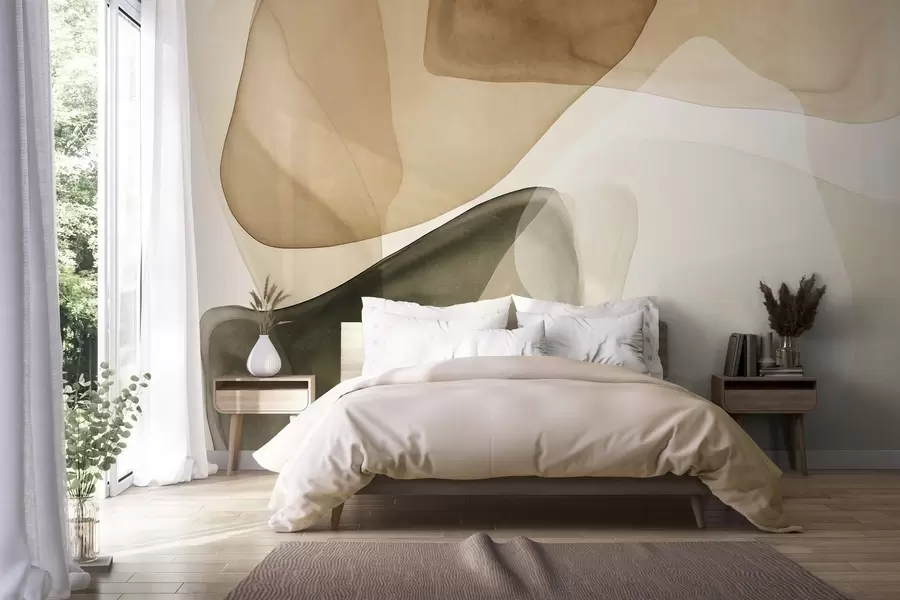 murales de pared Formas abstractas en tonos beige y verde, con un efecto de capas texturizadas y translúcidas w10022