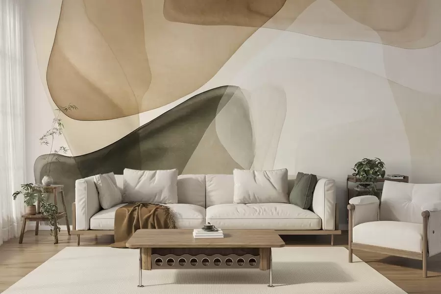 murales de pared Formas abstractas en tonos beige y verde, con un efecto de capas texturizadas y translúcidas w10022