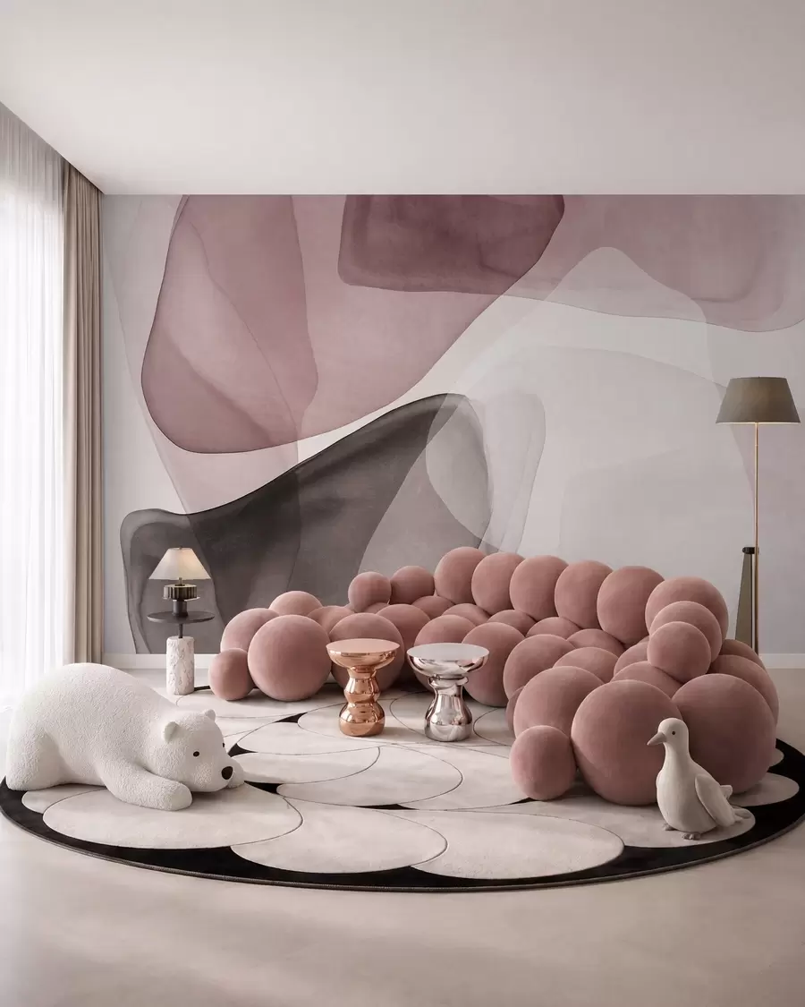 murales de pared Formas abstractas en tonos rosas y marrón oscuro, con un efecto de capas texturizadas y translúcidas w10022v1
