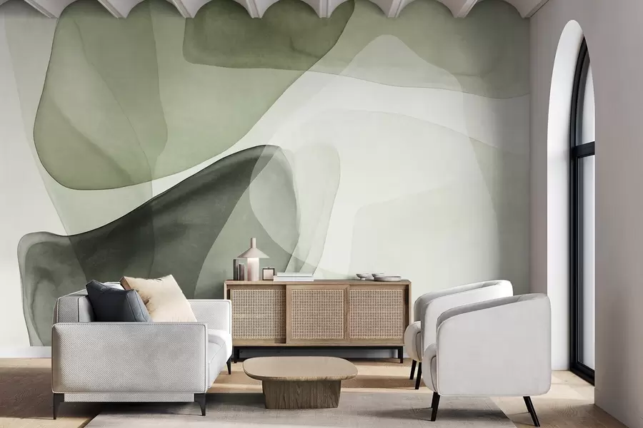 murales de pared Formas abstractas en tonos verdes, con un efecto de capas texturizadas y translúcidas w10022v2